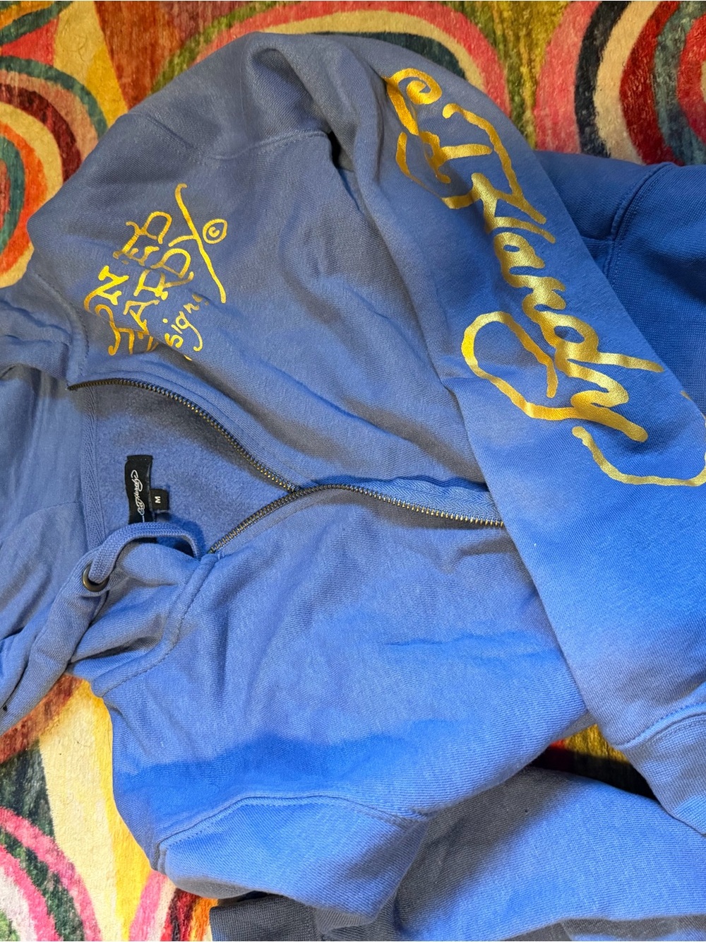 Ed Hardy Blue Hoodie with Gold Script